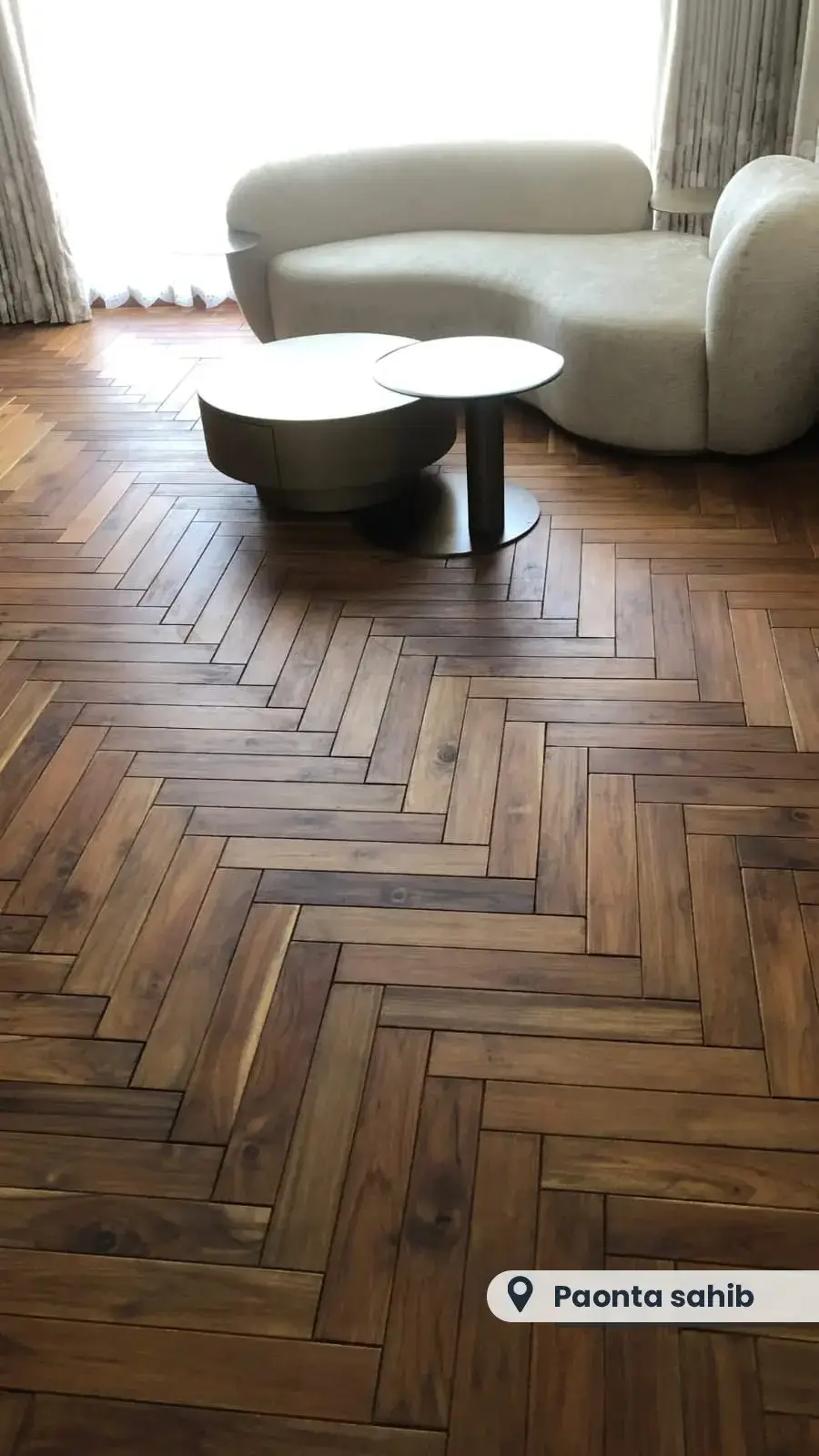 Herringbone solid wood flooring in a living room, Paonta Sahib