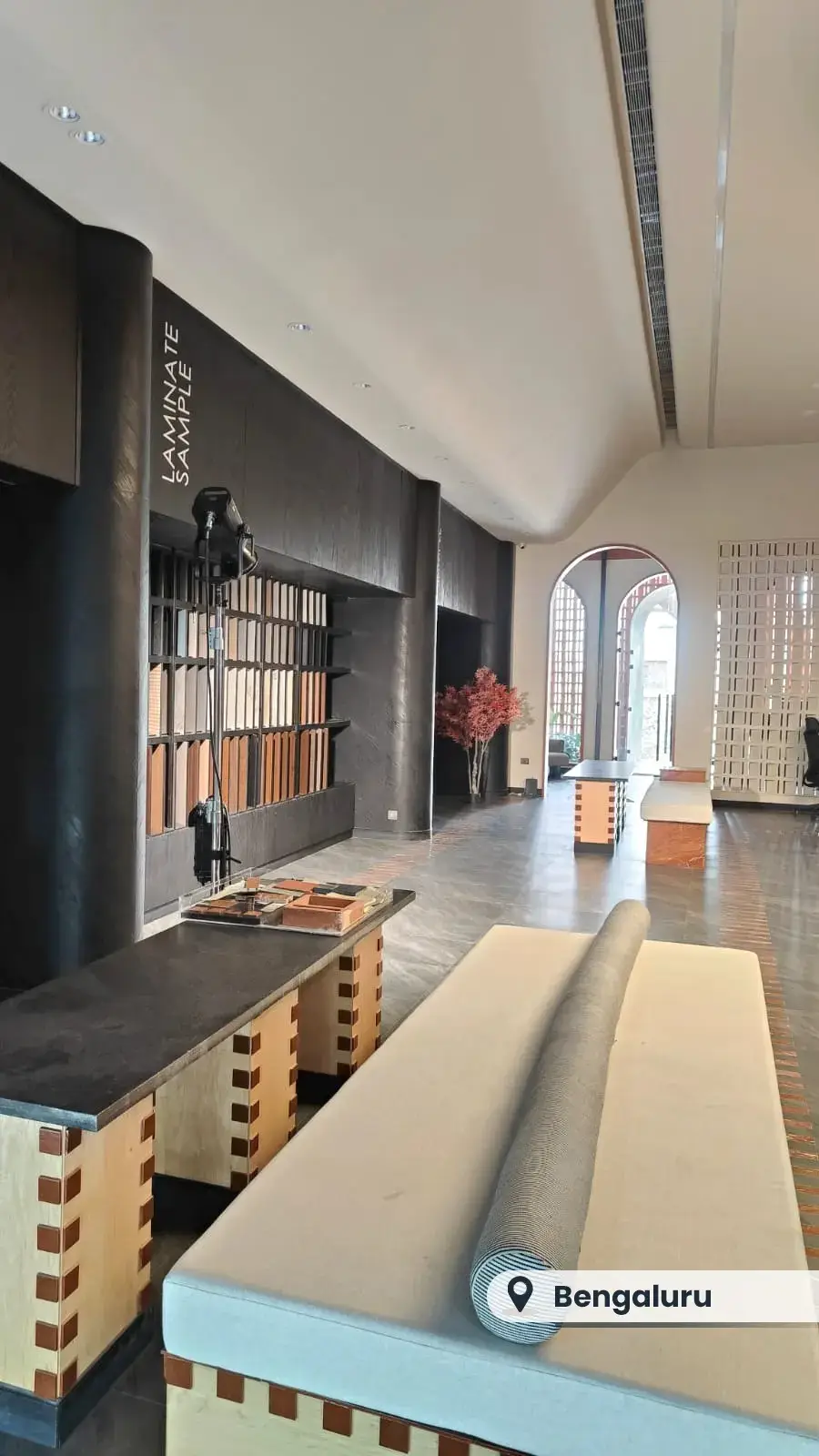 Materials showroom interior with wood panelling, Bengaluru