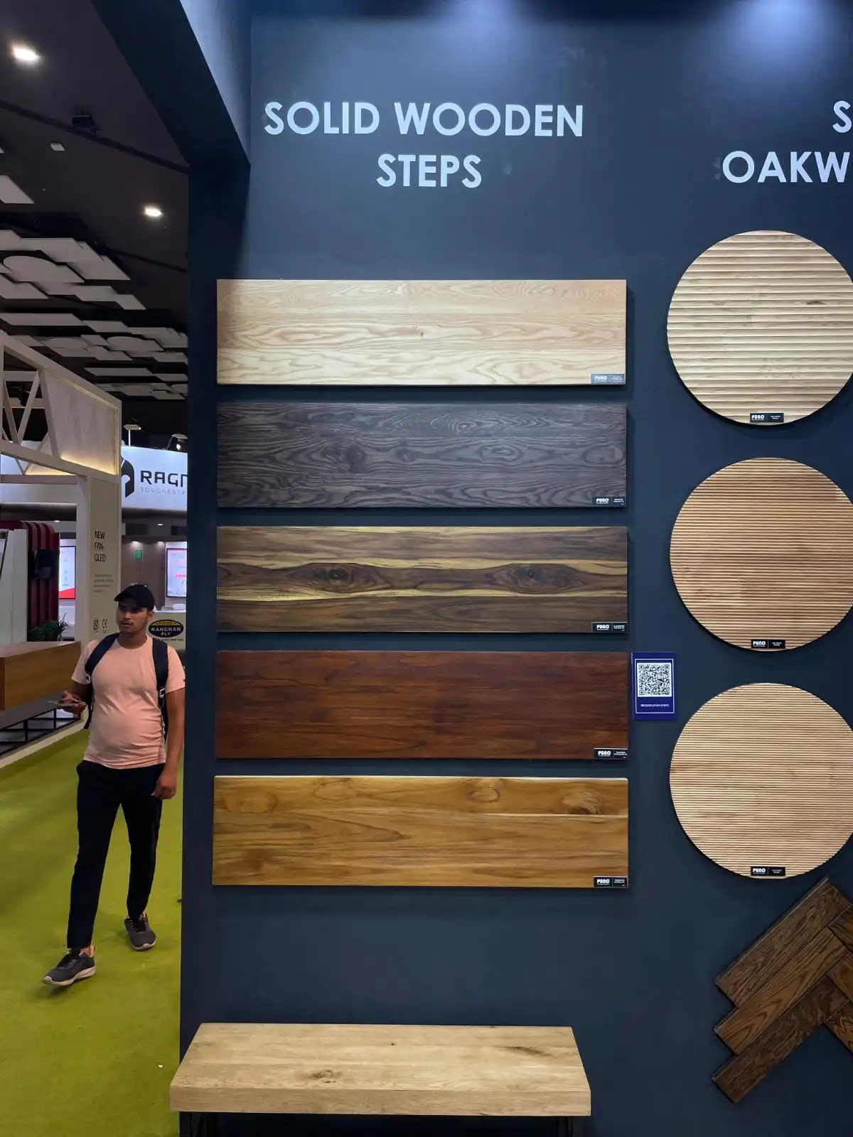 Solid wooden steps display wall at the Puno stand