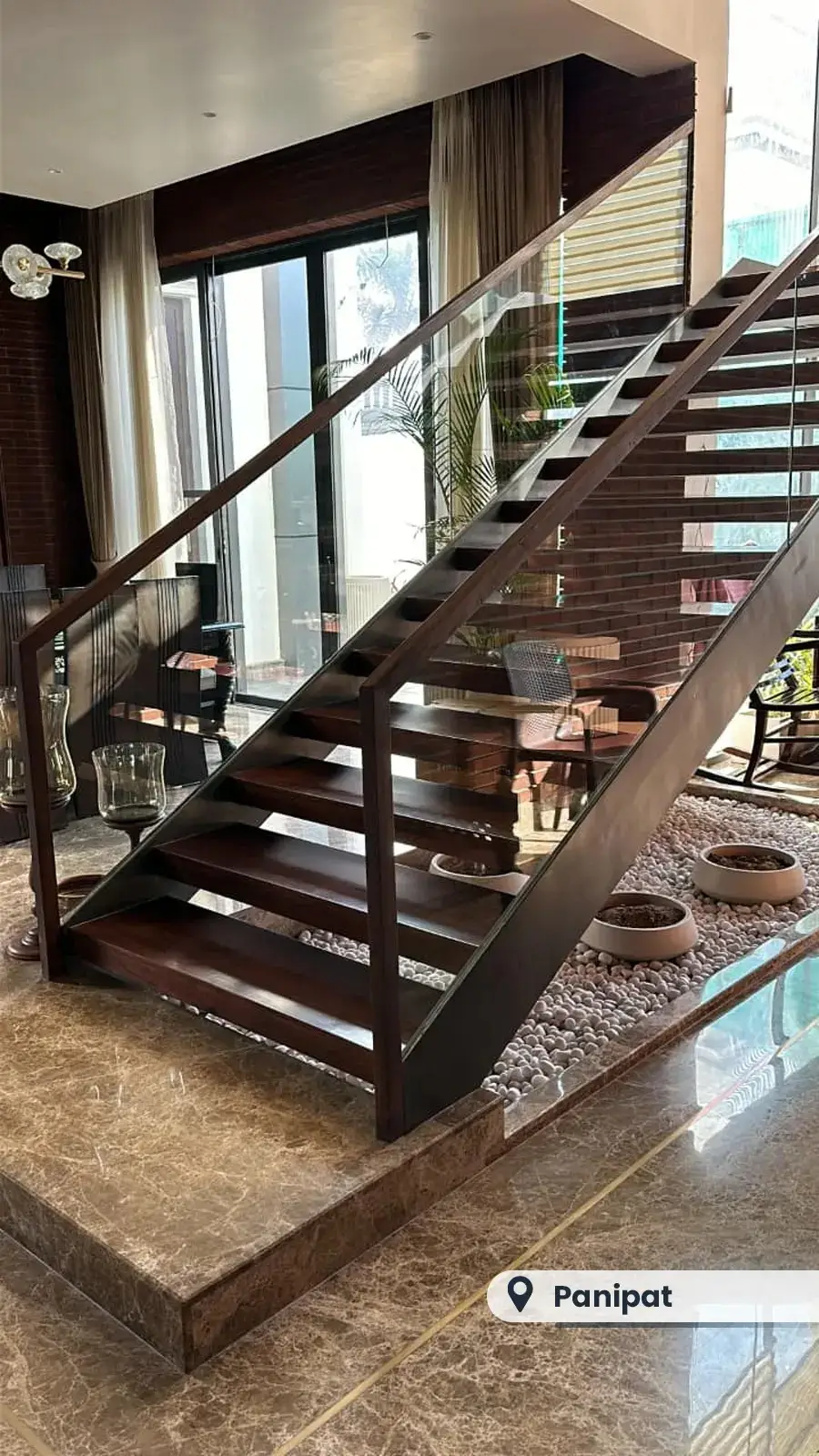 Dark stained solid wood staircase, Panipat