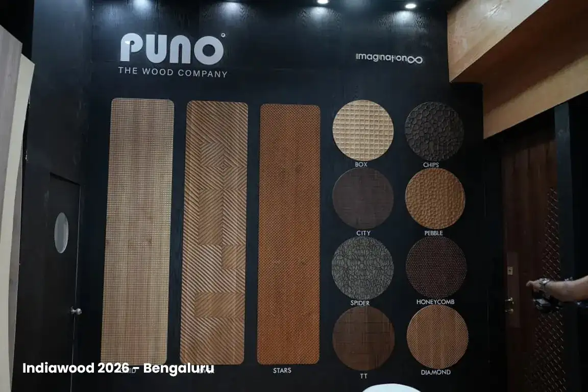 Puno embossed veneer pattern wall showing Box, Chips, City, Pebble, Spider, Honeycomb, TT and Diamond textures
