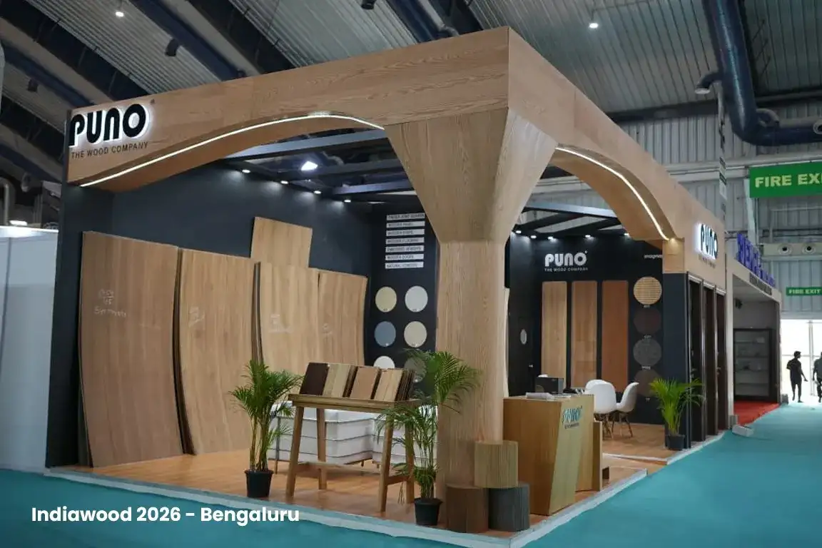 The Puno stand at Indiawood 2026 with its curved timber canopy
