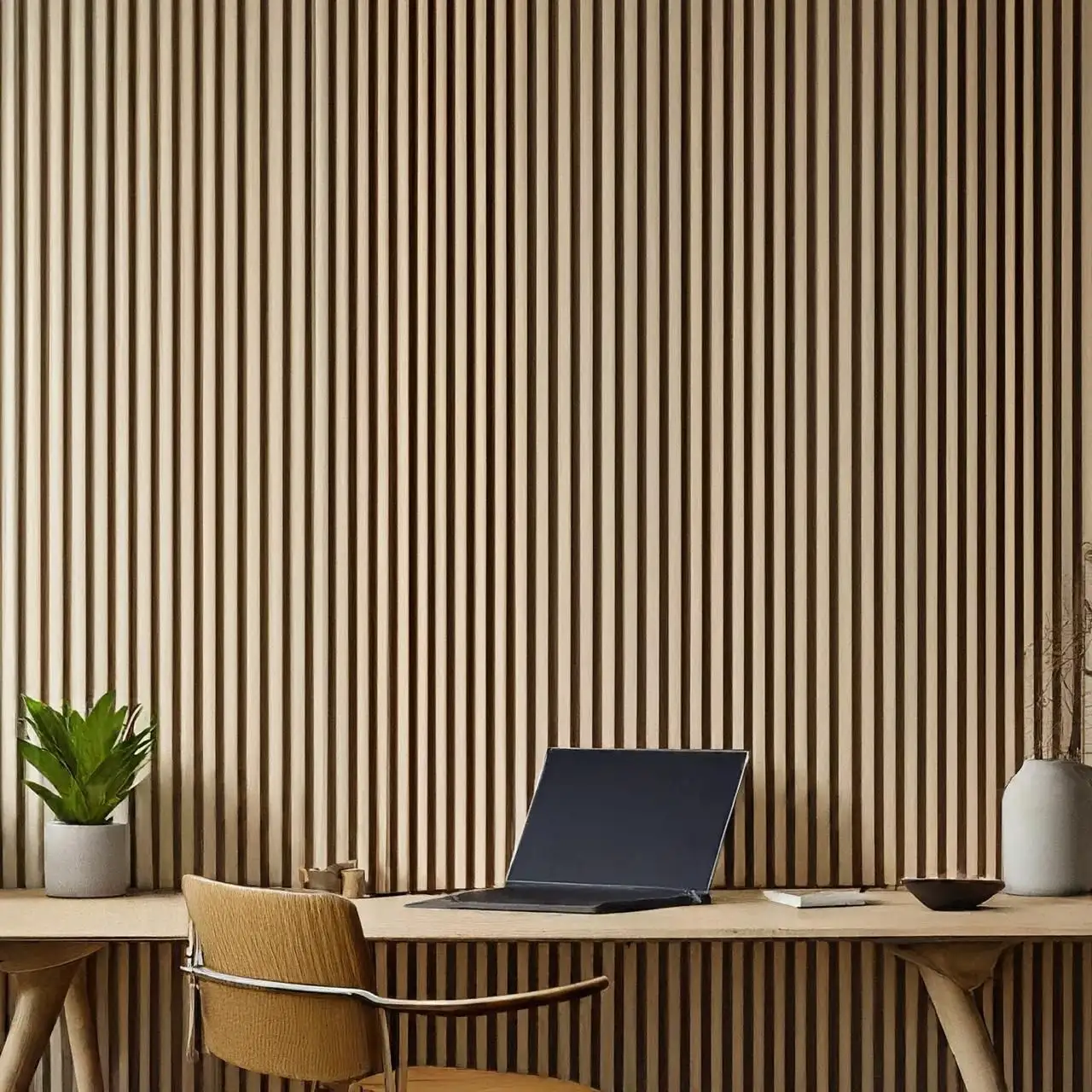 Slatted wooden panel wall in a study