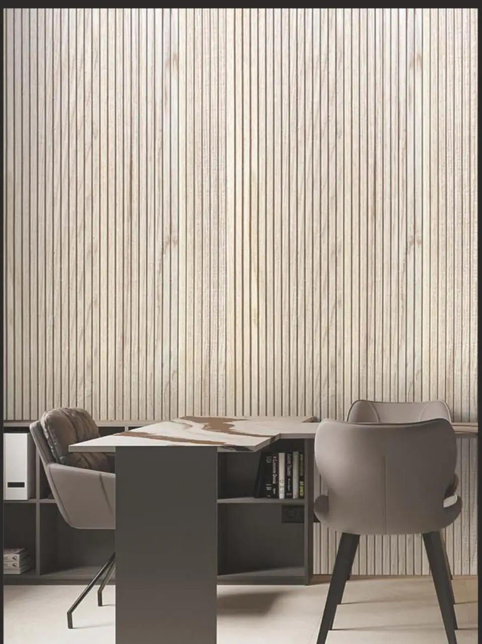 Pale fluted wooden panelling behind a desk