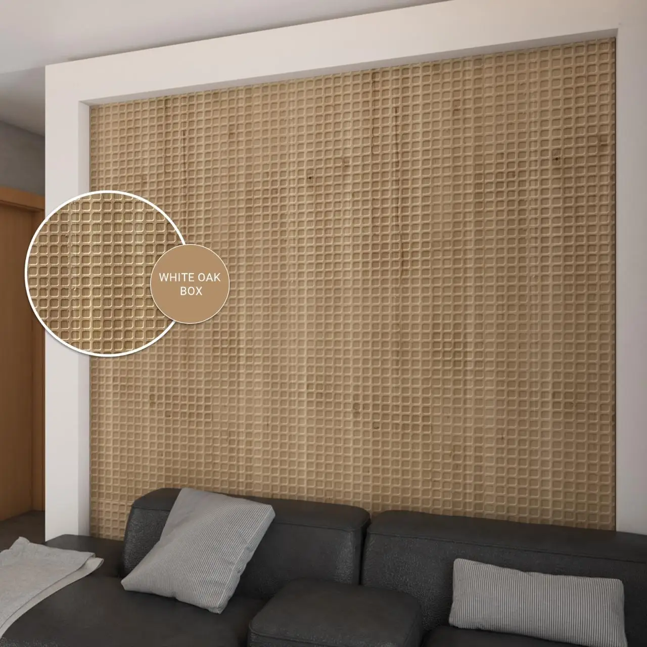 White Oak Box solid wooden panel in a living room