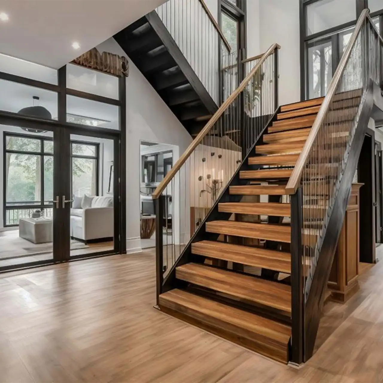 Full flight wooden staircase with balustrade