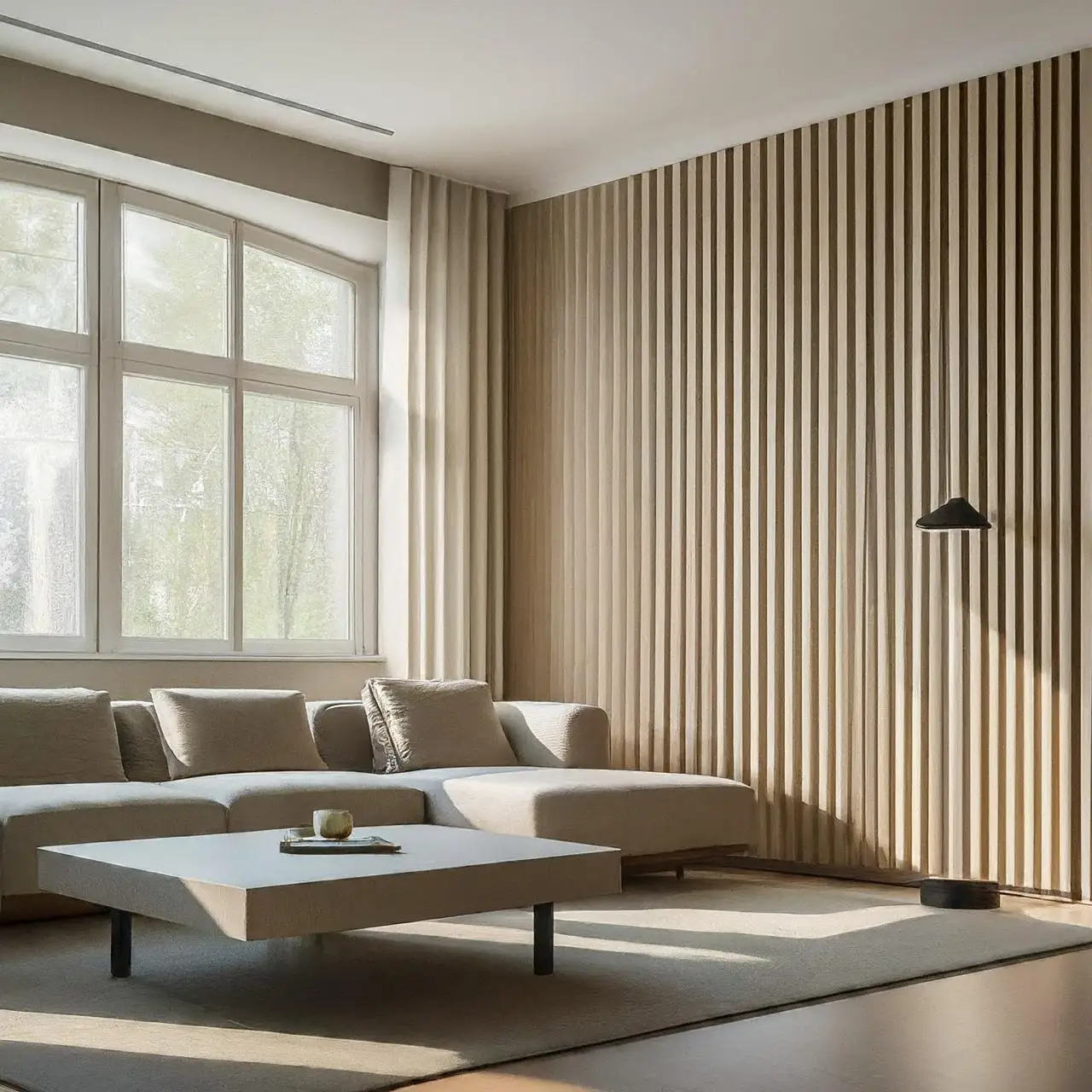Slatted wooden panelling in a living room