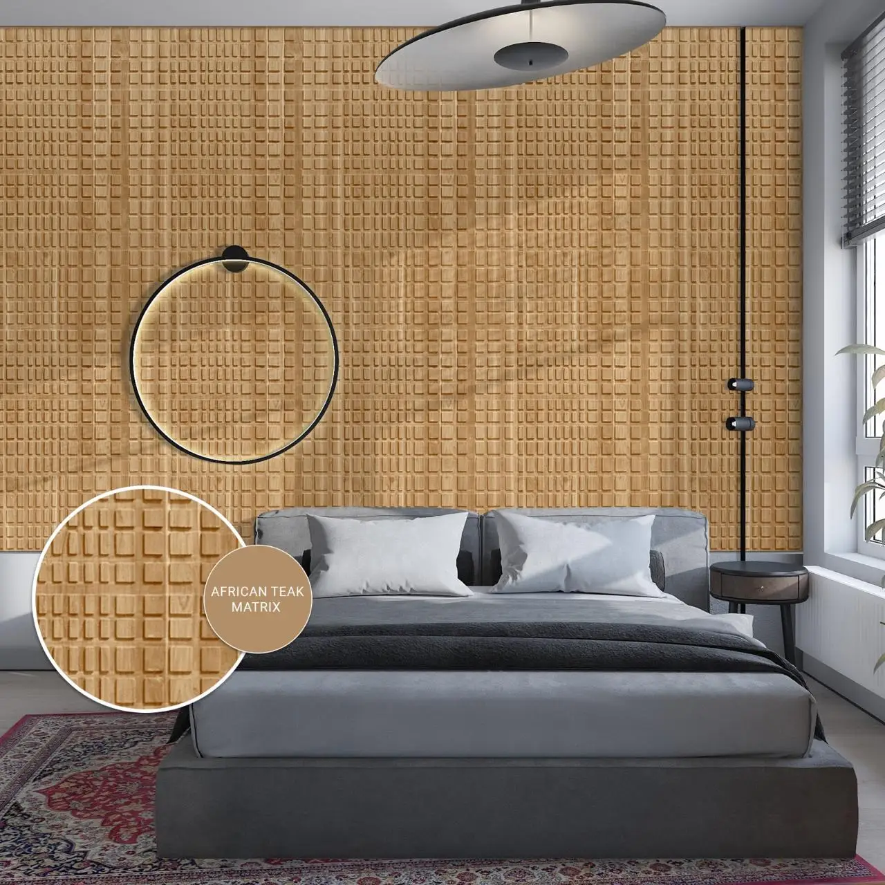 African Teak Matrix solid wooden panel in a bedroom