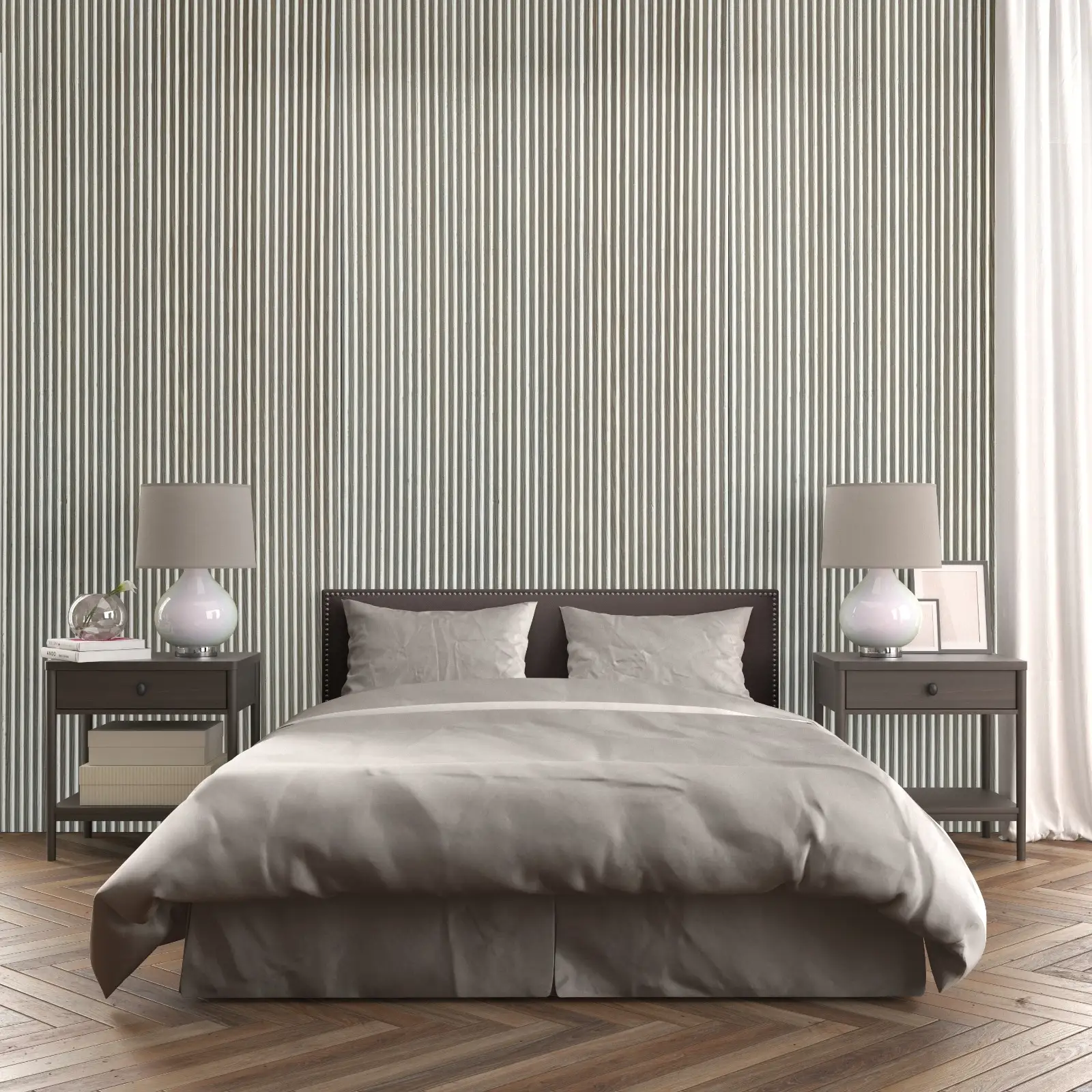 Fine fluted wooden panelling behind a bed