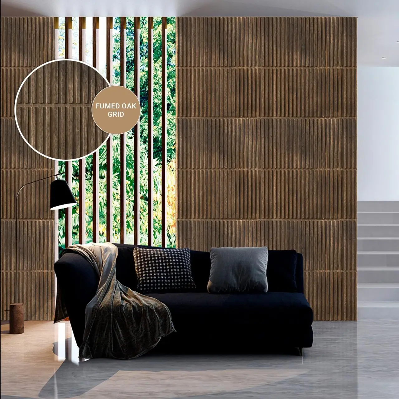 Fumed Oak Grid solid wooden panel in a living room