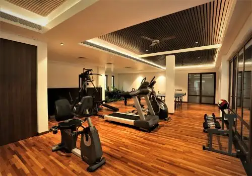 Home gym floored in solid wood