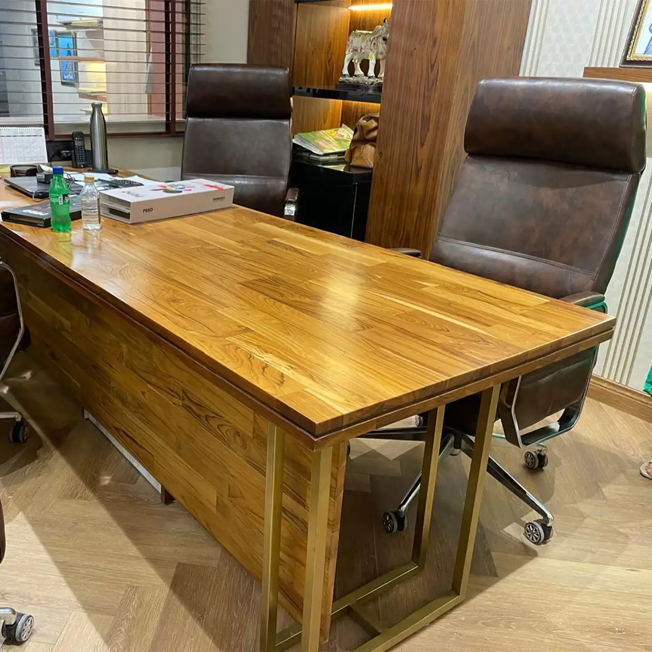 Executive desk with a teak finger joint board top